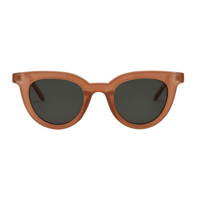 Brown sunglasses with dark lenses on a white background.
MAPLE / GREEN POLARIZED LENS