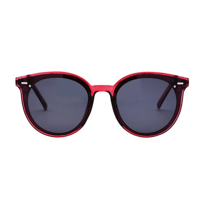 Red sunglasses with dark lenses on a white background.
Raspberry / Smoke Polarized