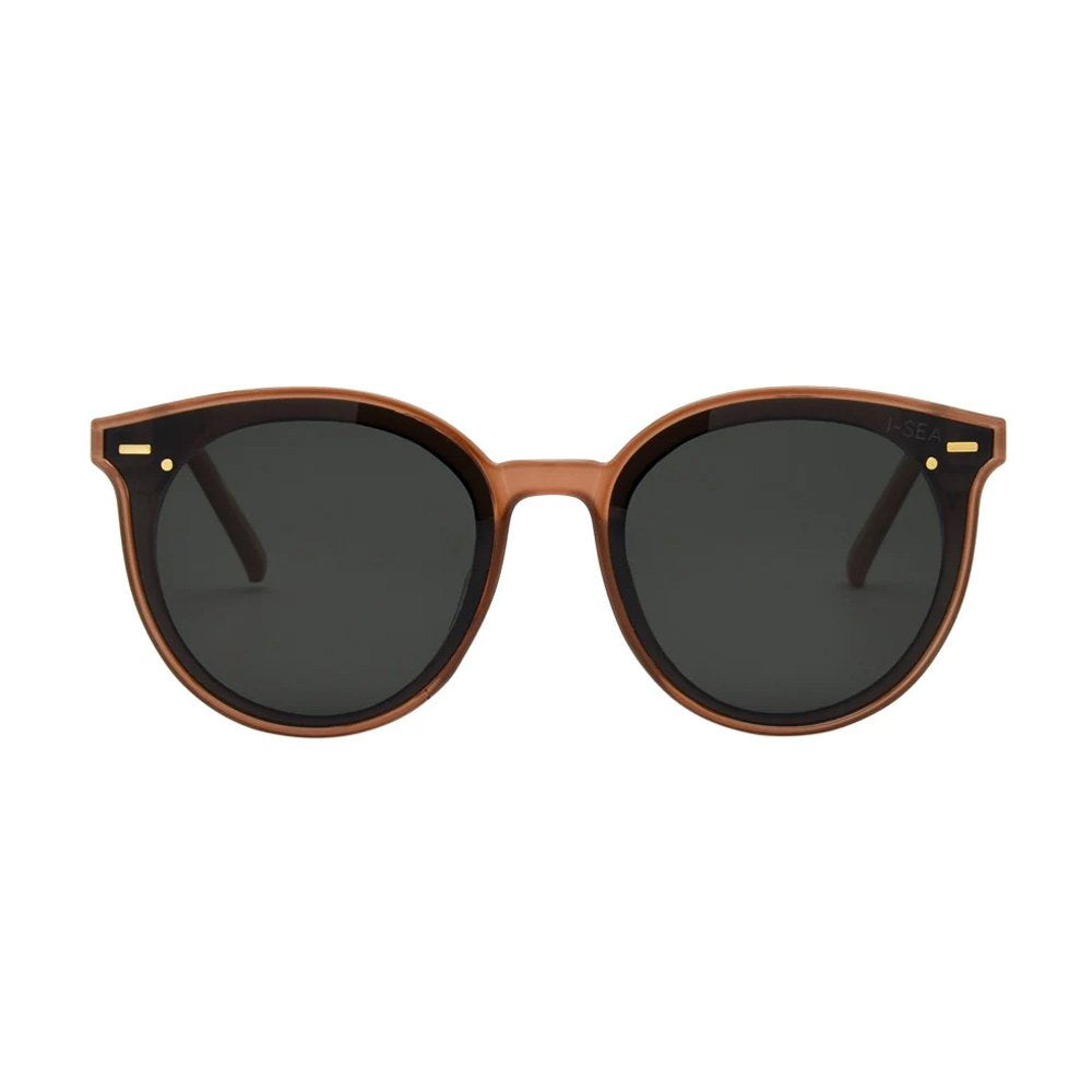 Brown sunglasses with dark lenses on a white background.
MAPLE / GREEN POLARIZED LENS