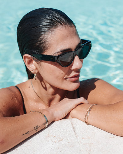 Woman wearing sunglasses by a pool.
BLACK / SMOKE POLARIZED LENS