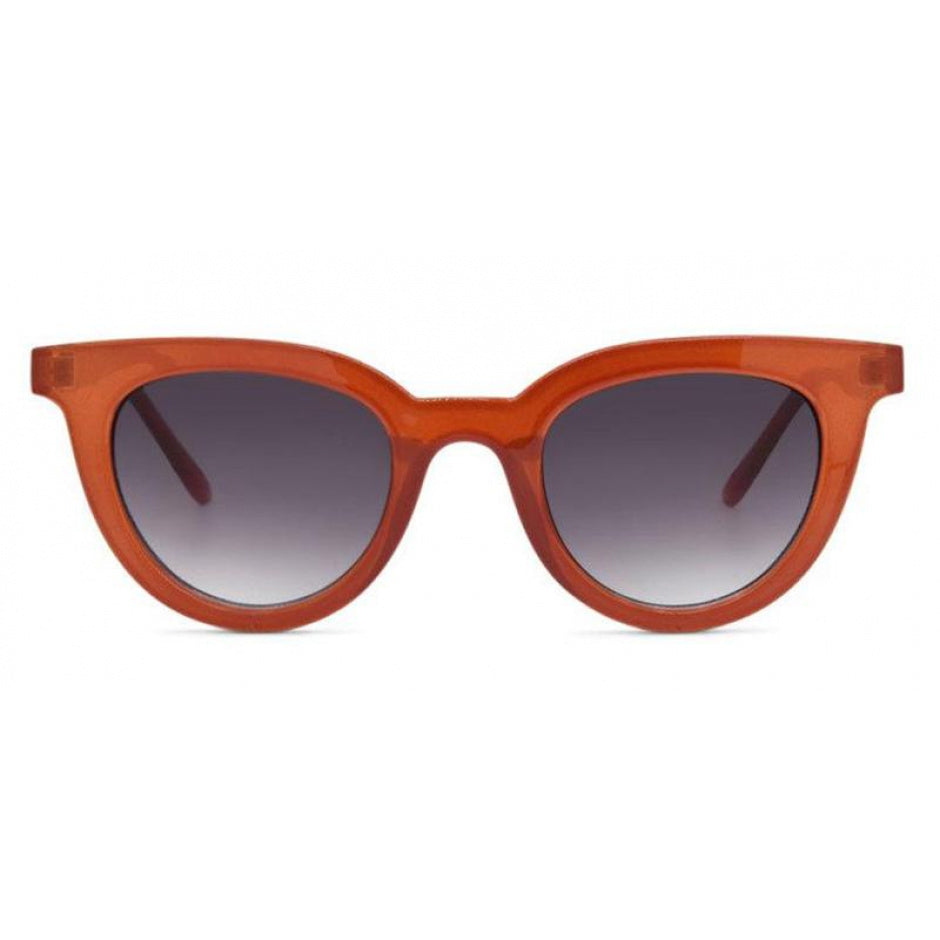 Sunglasses with a brown frame and dark lenses on a white background.
Burnt Orange Smoke / Polarized Lens