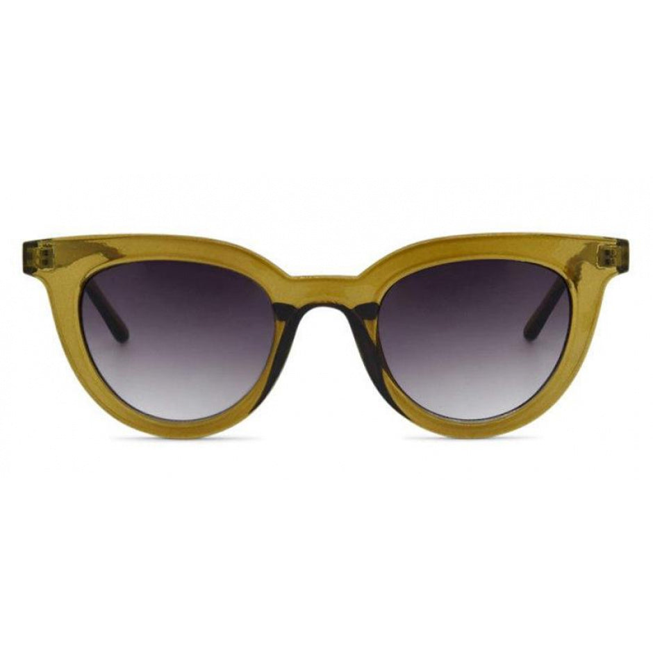Sunglasses with a yellow frame and dark gradient lenses on a white background.
Olive / Smoke Polarized Lens