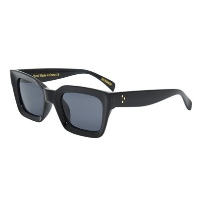 Black sunglasses with gold accents on a white background.
BLACK / SMOKE POLARIZED LENS