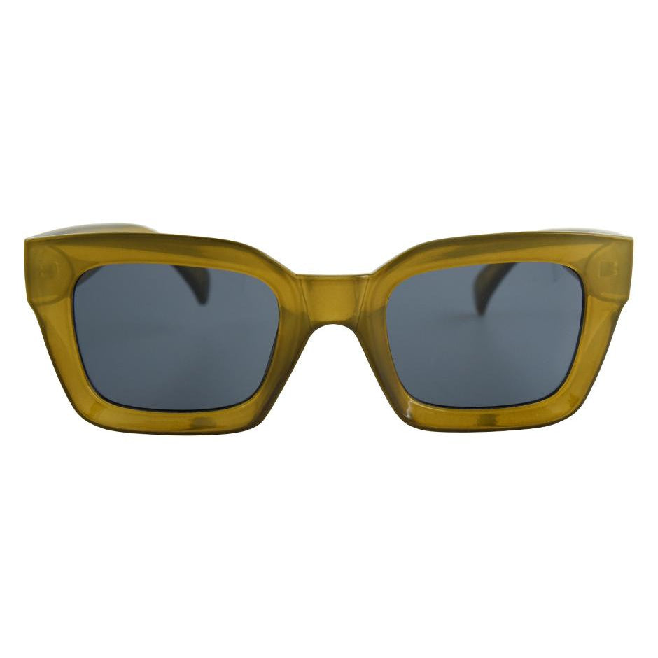 Sunglasses with yellow frame and dark lenses on a white background.
Olive / Smoke Polarized Lens