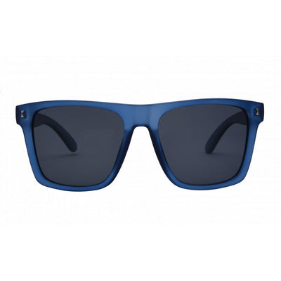 Blue sunglasses with dark lenses on a white background.
STORM BLUE / SMOKE POLARIZED LENS