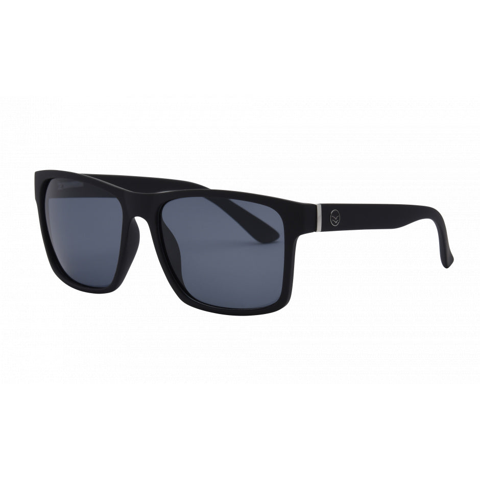 Black sunglasses with a brand logo on a white background.
BLACK / SMOKE POLARIZED LENS