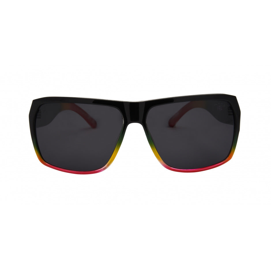 Black sunglasses with colorful rim on a white background.
RASTA / SMOKE POLARIZED LENS