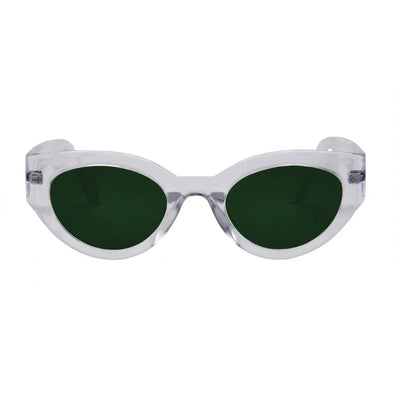 Clear frame sunglasses with green lenses on a white background.
CLEAR / G15 POLARIZED LENS