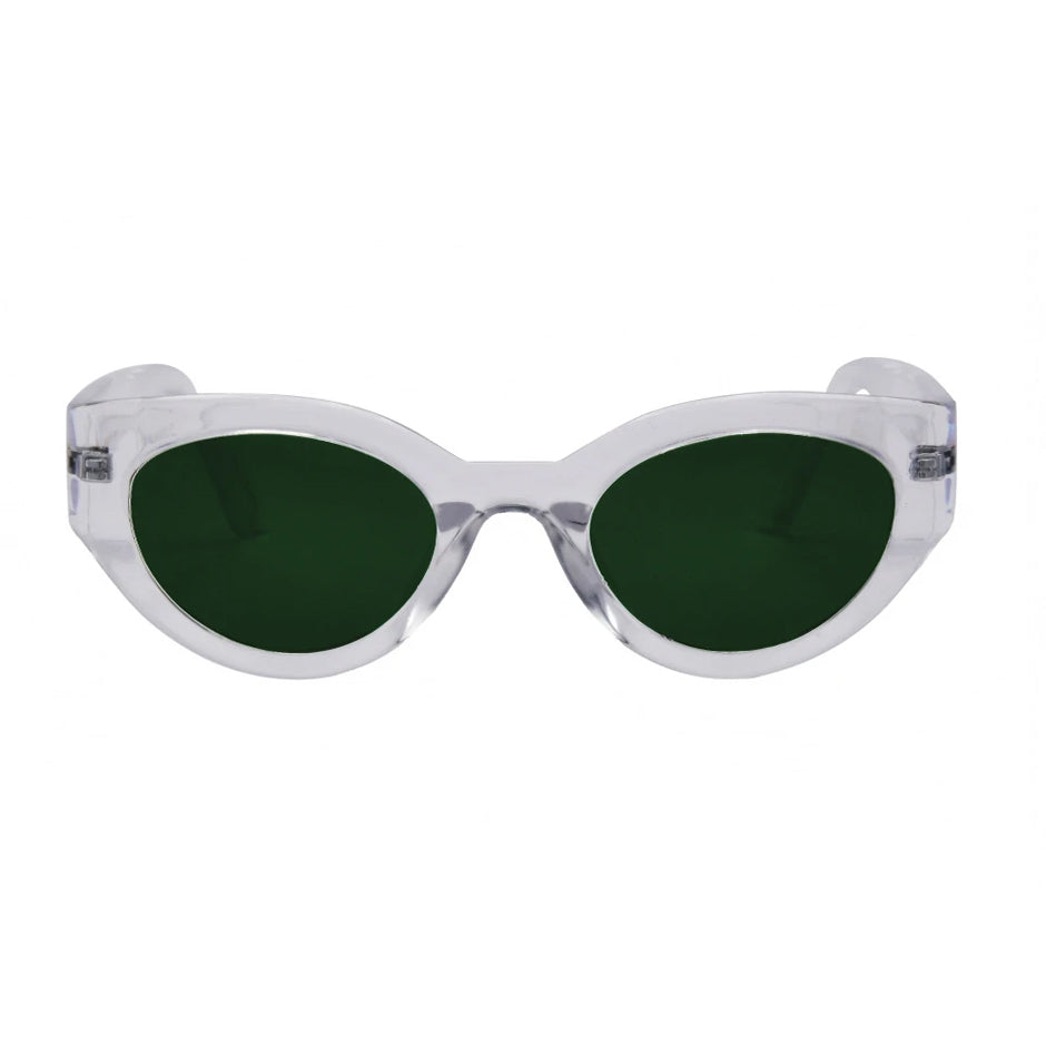 Clear frame sunglasses with green lenses on a white background.
CLEAR / G15 POLARIZED LENS