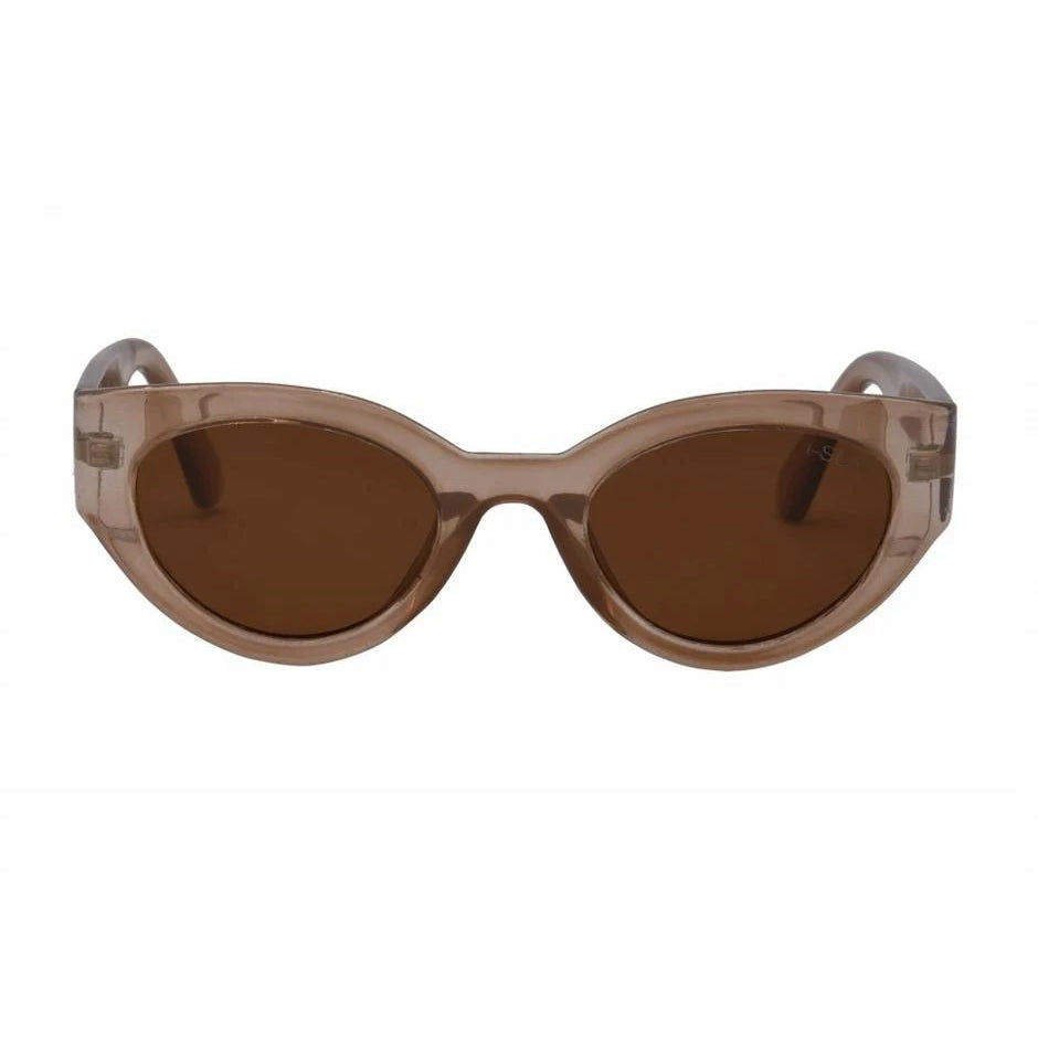 Sunglasses with brown lenses and transparent frame on a white background.
TAUPE / BROWN POLARIZED LENS