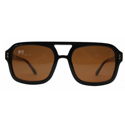 Black sunglasses with brown lenses on a white background