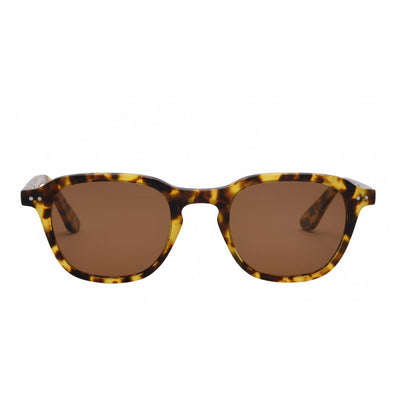 Sunglasses with tortoiseshell frame and brown lenses on a white background.
TORT / BROWN POLARIZED LENS