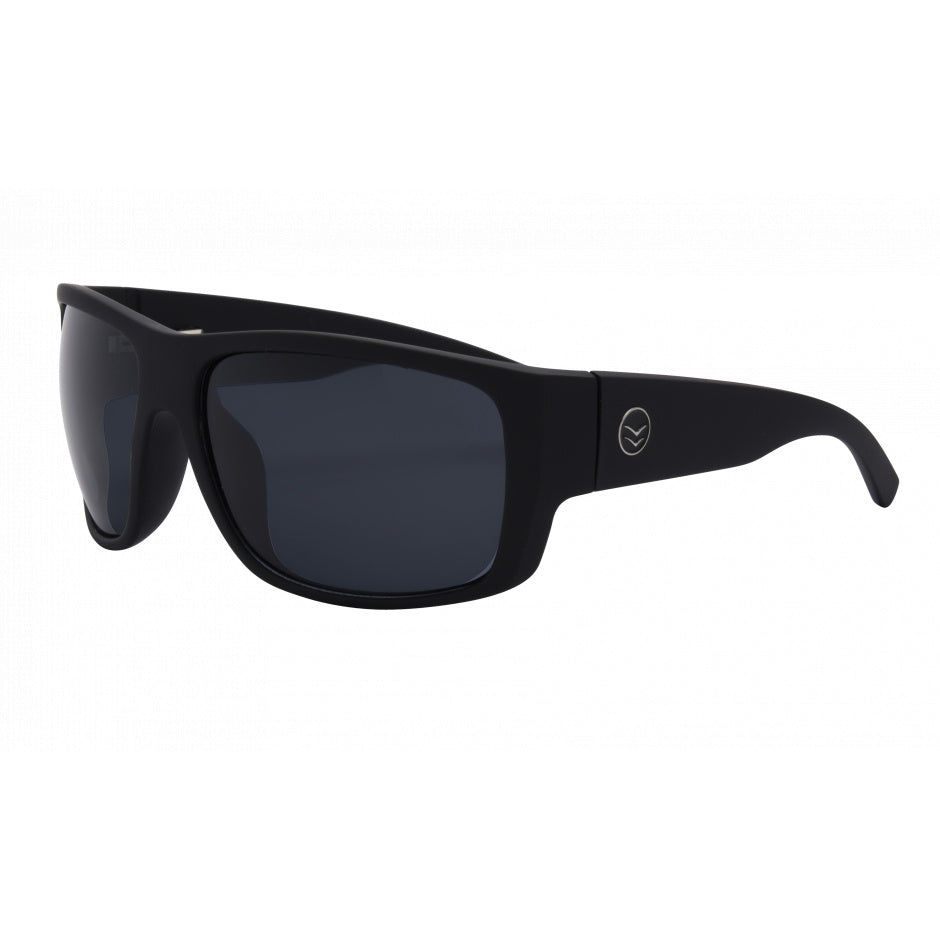 Black sunglasses with a logo on the arm against a white background.
BLACK / SMOKE POLARIZED LENS
