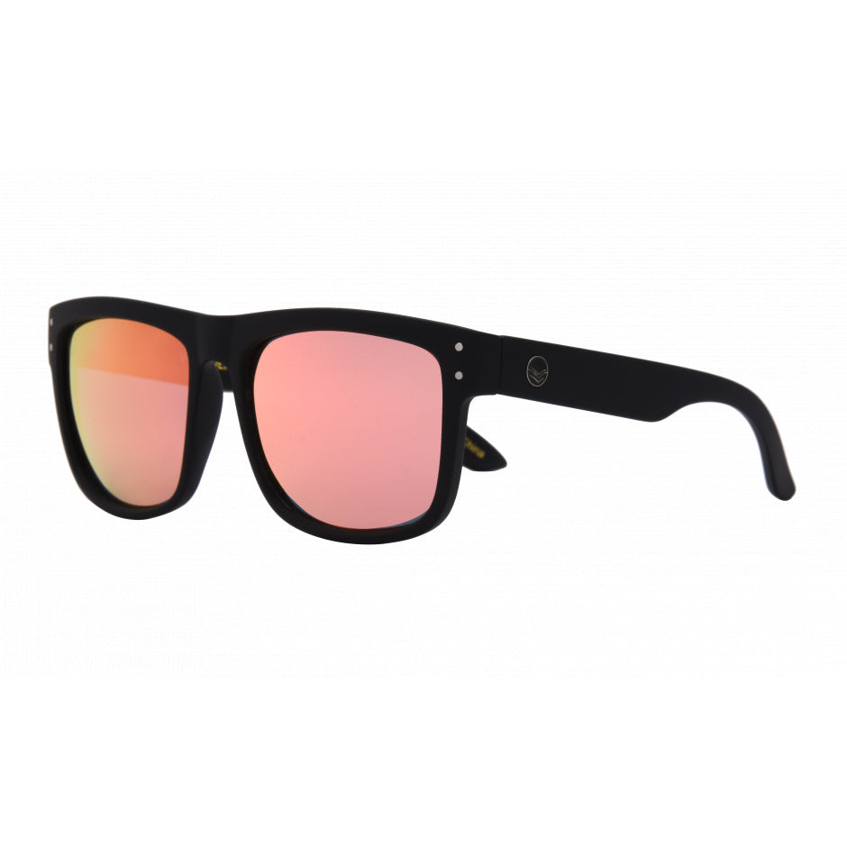 Black sunglasses with pink lenses on a white background.
BLACK SOFT TOUCH RUBBER / ROSE GOLD POLARIZED LENS