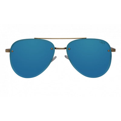 Blue sunglasses with gold frame on a white background.
Gold / Ice Blue