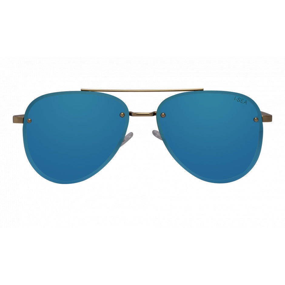 Blue sunglasses with gold frame on a white background.
Gold / Ice Blue