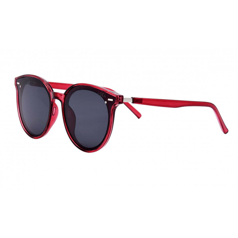 Red sunglasses with dark lenses on a white background.
Raspberry / Smoke Polarized