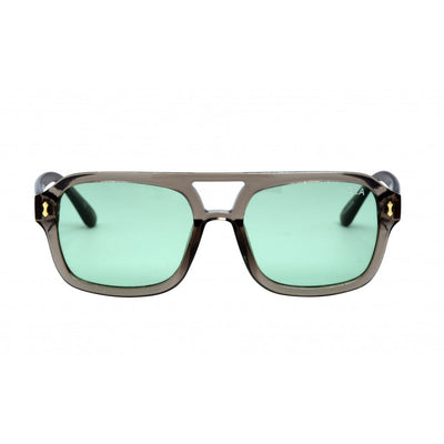 Sunglasses with green lenses and gold accents on a white background.
GREY / MINT LENS