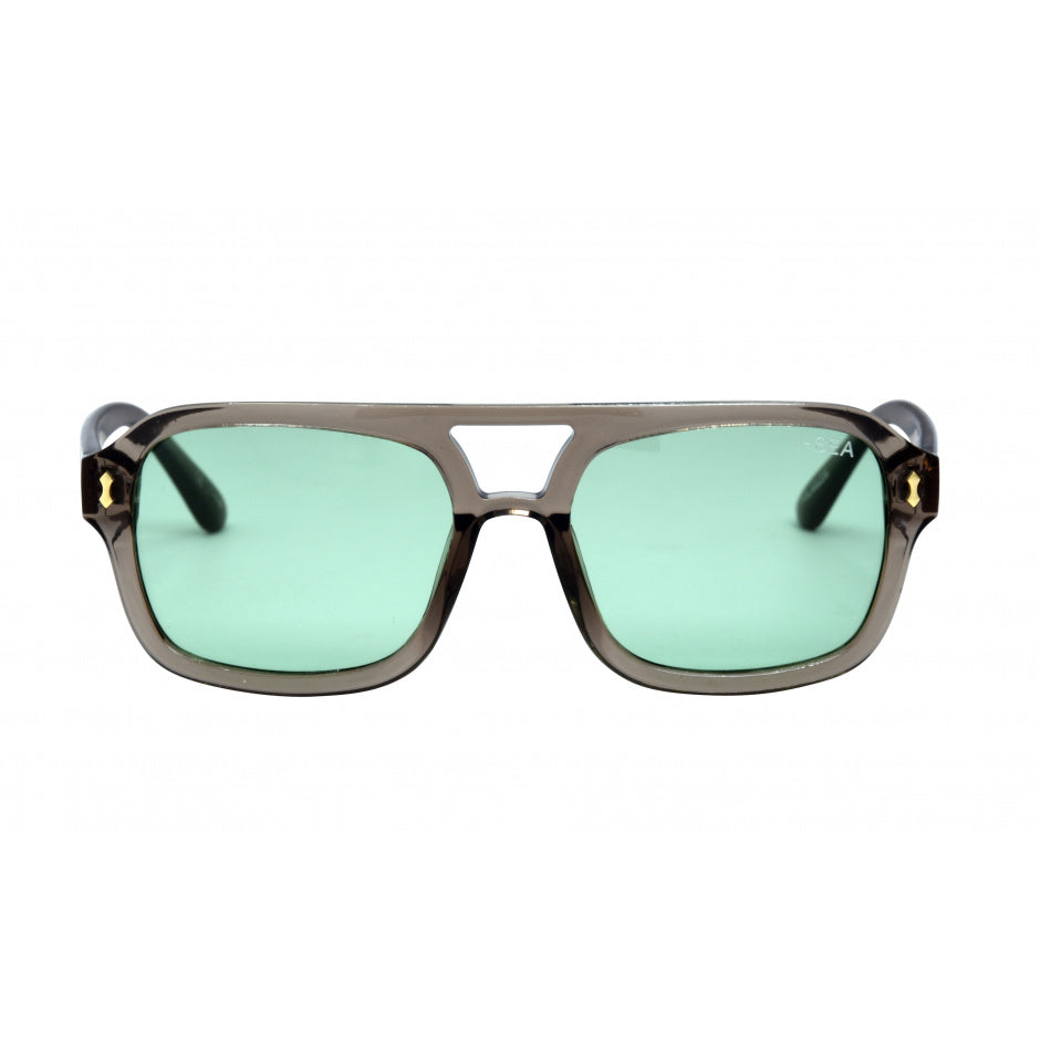 Sunglasses with green lenses and gold accents on a white background.
GREY / MINT LENS