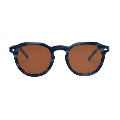 Sunglasses with brown lenses and dark blue frame on a white background.
BLUE / BROWN POLARIZED LENS