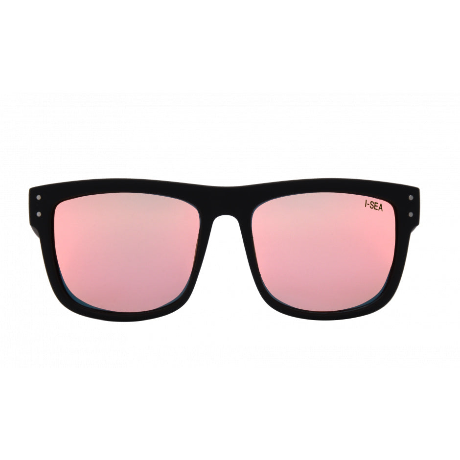 Black sunglasses with pink lenses on a white background.
BLACK SOFT TOUCH RUBBER / ROSE GOLD POLARIZED LENS