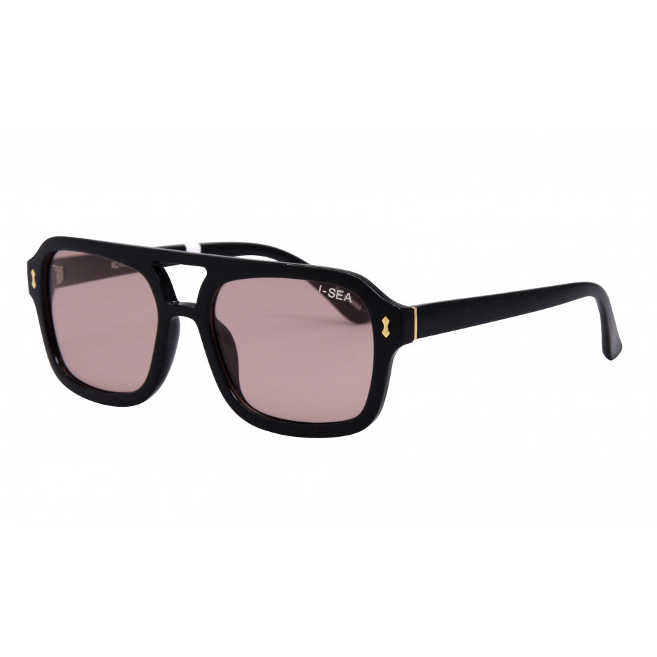 Black sunglasses with pink lenses on a white background.
BLACK / PEACH LENS