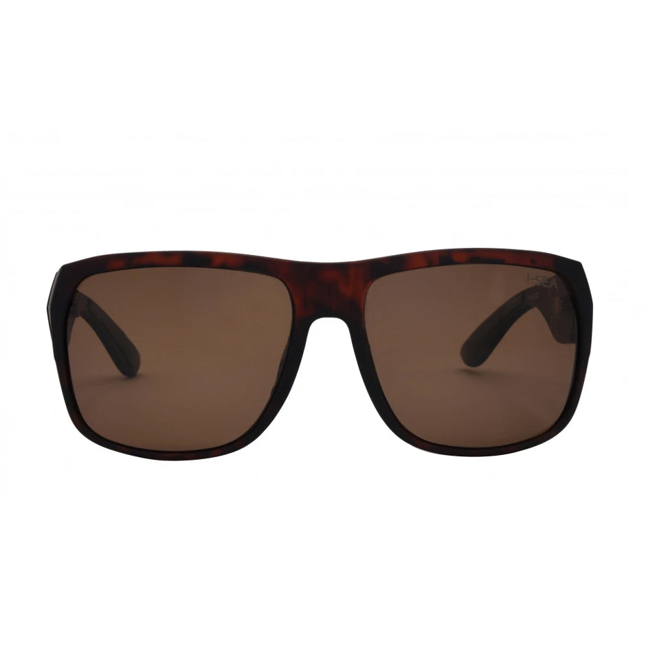 Sunglasses with a tortoiseshell frame and brown lenses on a white background.
TORT / BROWN POLARIZED LENS