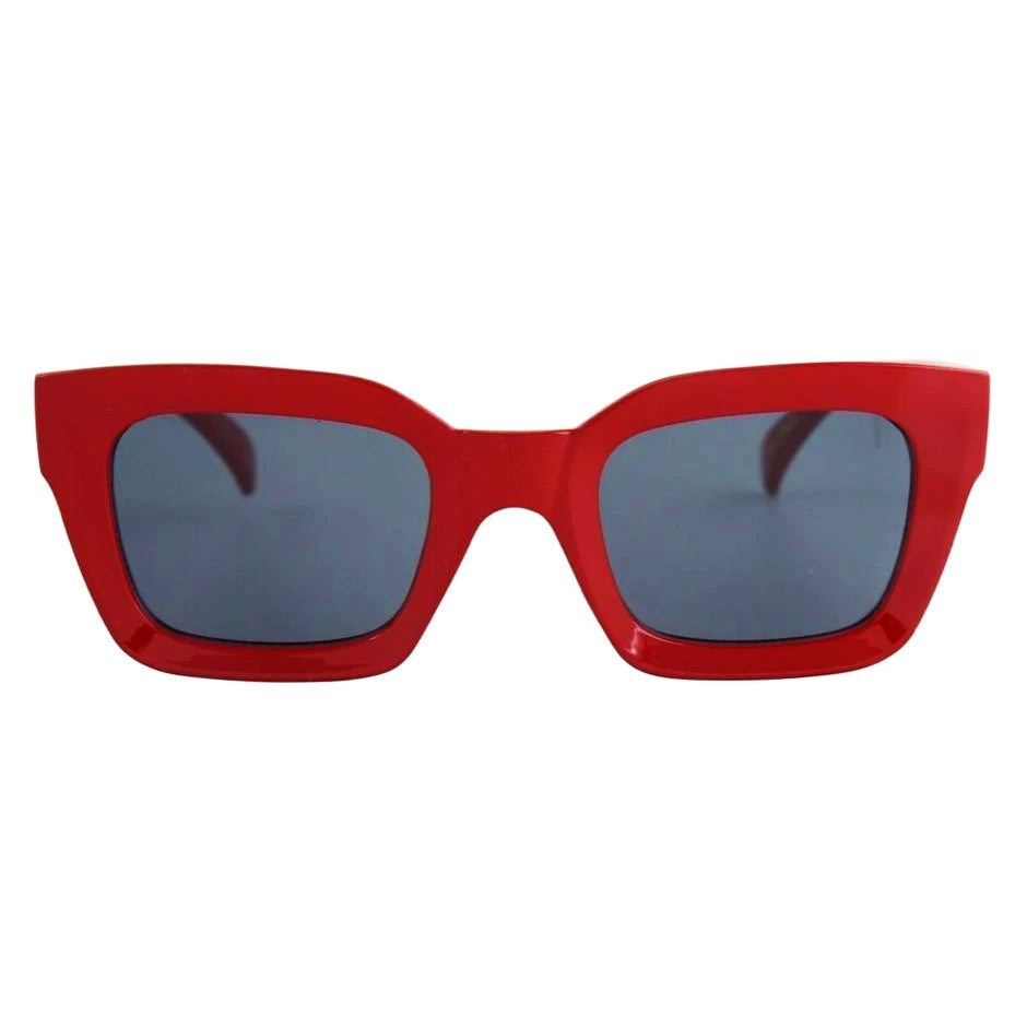 Red sunglasses with dark lenses on a white background.
Red /Smoke Polarized
