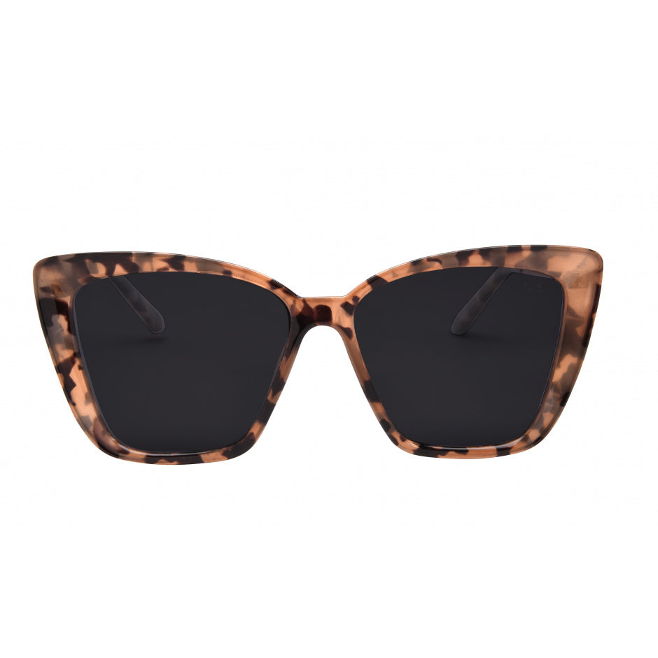 Sunglasses with tortoiseshell frame and black lenses on a white background.
BLONDE TORT / SMOKE POLARIZED LENS