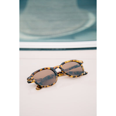 Tortoiseshell sunglasses on a light surface with a blurred background.
TORT / BROWN POLARIZED LENS