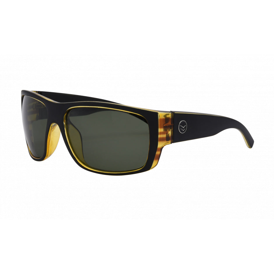 Sunglasses with black and gold frame on a white background.
BLACK / GREEN POLARIZED LENS