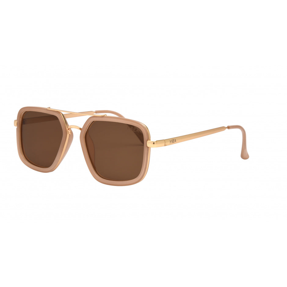 Sunglasses with gold frame and brown lenses on a white background.
OATMEAL / BROWN POLARIZED LENS
