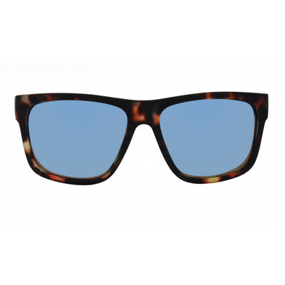 Sunglasses with tortoiseshell frame and blue lenses on a white background.
TORT / BLUE POLARIZED LENS