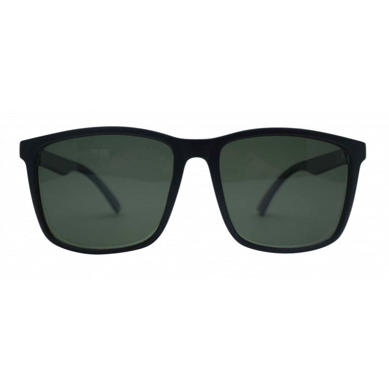 Black sunglasses with dark lenses on a white background.
BLACK / GREEN POLARIZED LENS