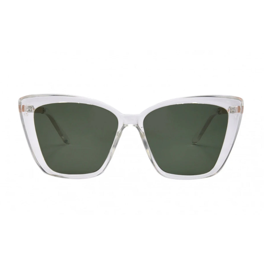 Sunglasses with clear frame and green lenses on a white background.
Clear / Green Polarized