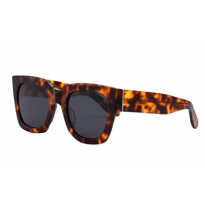 Sunglasses with tortoiseshell frame and dark lenses on a white background.
TORT / SMOKE POLARIZED LENS