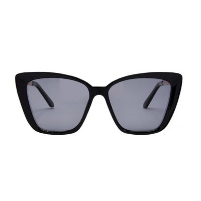 Black cat-eye sunglasses with gray lenses on a white background.
Grey / Smoke Polarized