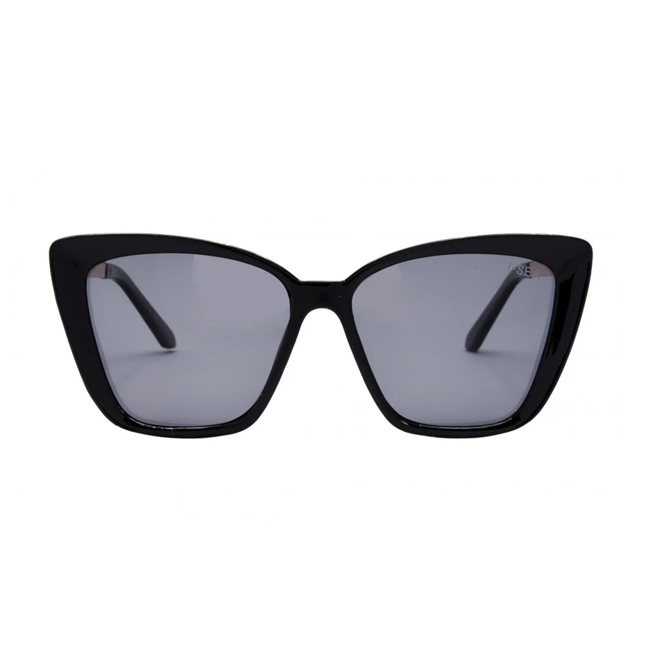 Black cat-eye sunglasses with gray lenses on a white background.
Grey / Smoke Polarized