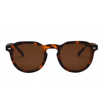 Sunglasses with tortoiseshell frame and brown lenses on a white background.
TORT / BROWN POLARIZED LENS