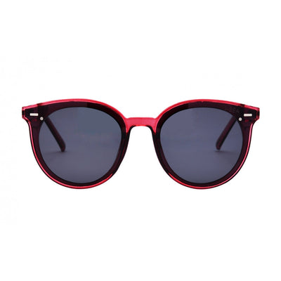 Red sunglasses with dark lenses on a white background.
Raspberry / Smoke Polarized