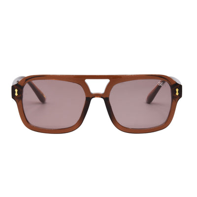 Brown sunglasses with a white frame on a white background.
TAUPE / BROWN POLARIZED LENS