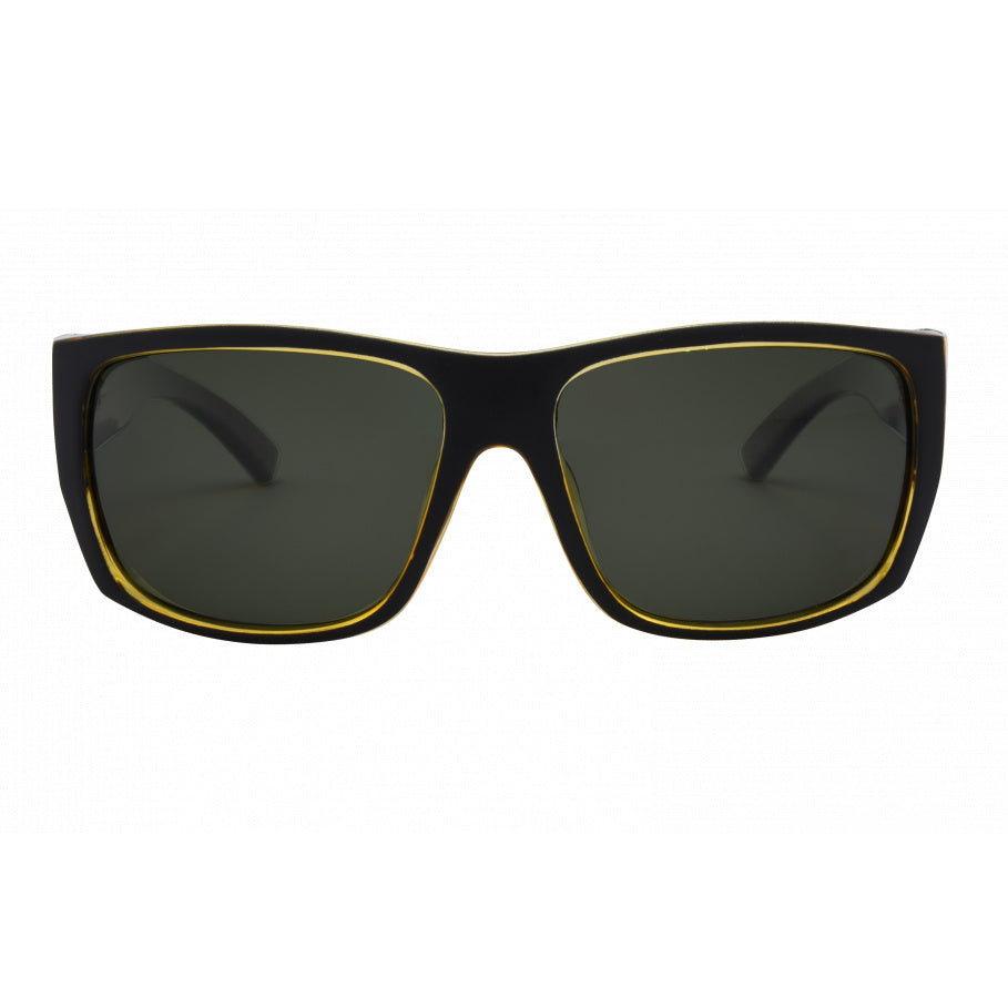 Black sunglasses with gold accents on a white background.
BLACK / GREEN POLARIZED LENS