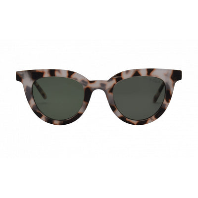 Tortoiseshell cat-eye sunglasses with dark lenses on a white background.
Snow Tort / Smoke Polarized