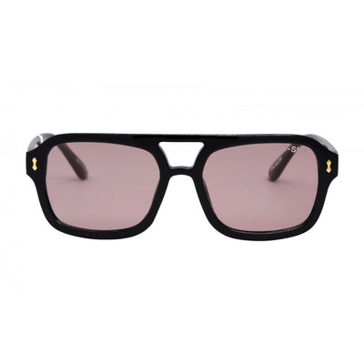 Black sunglasses with pink lenses on a white background.
BLACK / PEACH LENS