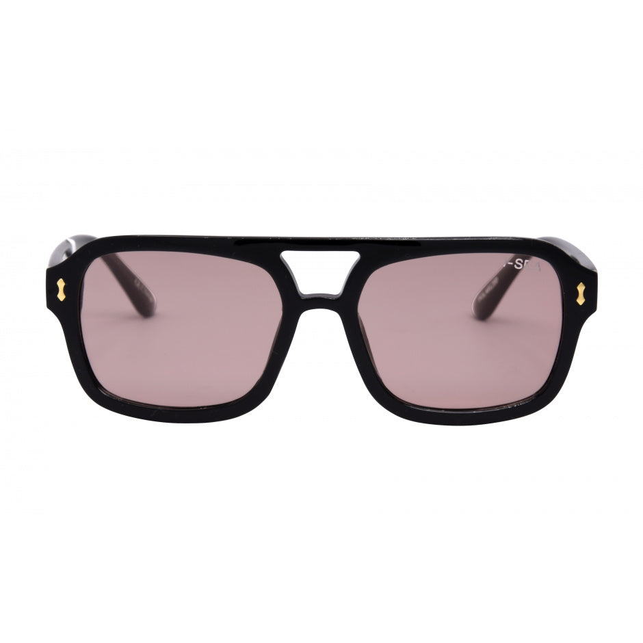 Black sunglasses with pink lenses on a white background.
BLACK / PEACH LENS