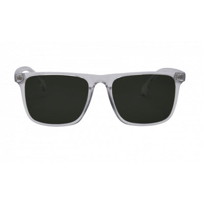 Sunglasses with clear frame and dark lenses on a white background.
GREY / SMOKE POLARIZED LENS