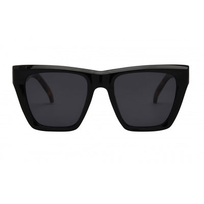 Black sunglasses with dark lenses on a white background.
BLACK-BLONDE TORT / SMOKE POLARIZED LENS