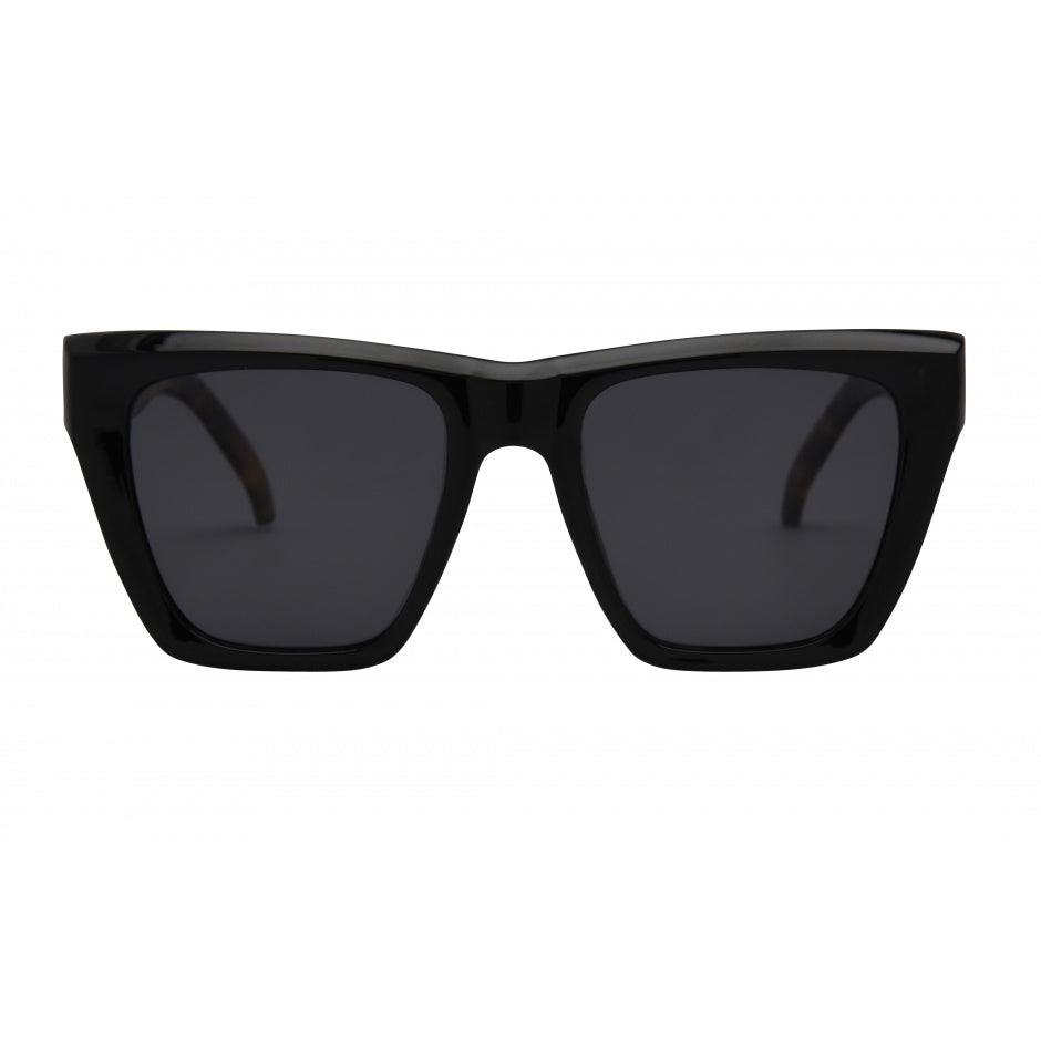 Black sunglasses with dark lenses on a white background.
BLACK-BLONDE TORT / SMOKE POLARIZED LENS