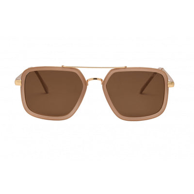 Sunglasses with gold frame and brown lenses on a white background.
OATMEAL / BROWN POLARIZED LENS