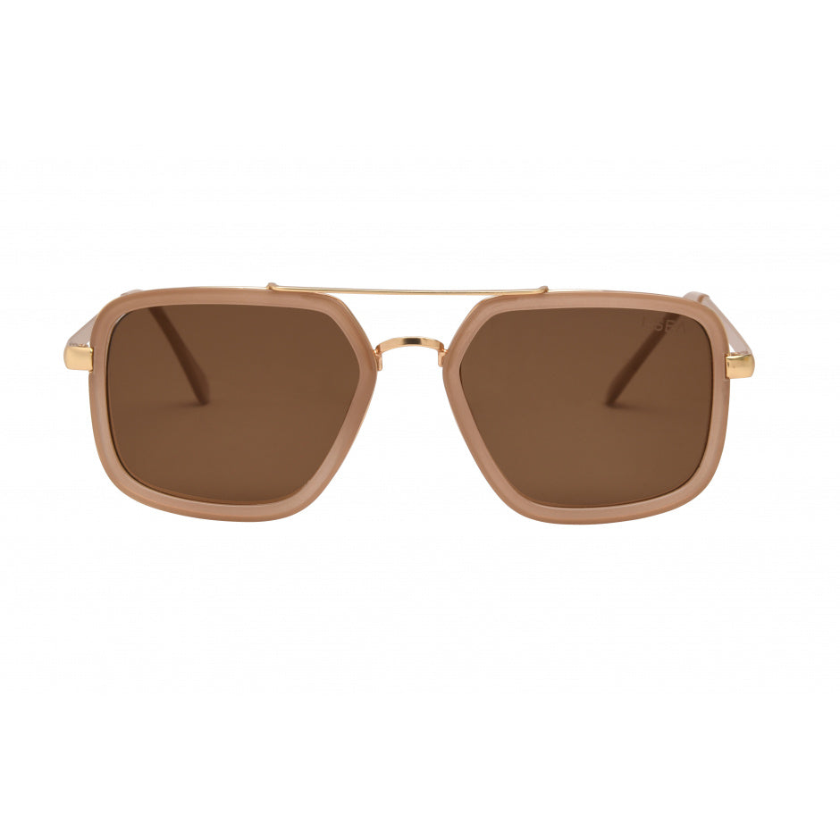 Sunglasses with gold frame and brown lenses on a white background.
OATMEAL / BROWN POLARIZED LENS